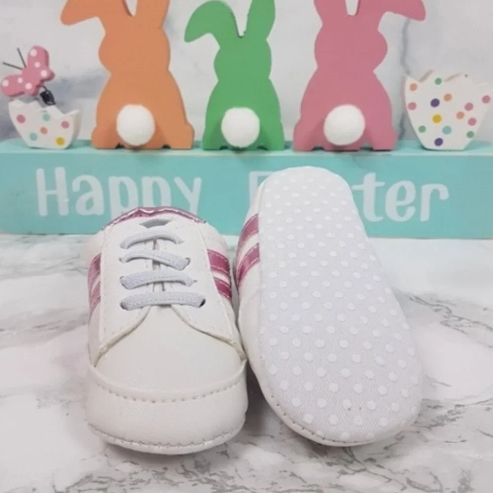 NEW Baby Sneakers White Metallic Pink Stripes